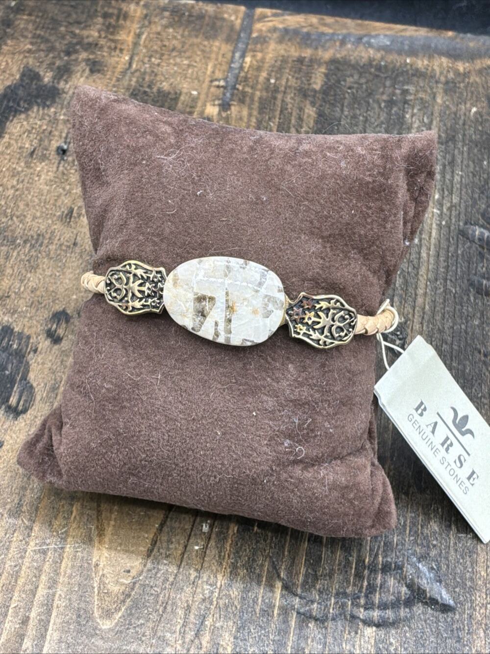 Barse Carmen Braided Leather Memory Bracelet - Feldspar Jasper - Bronze- NWT